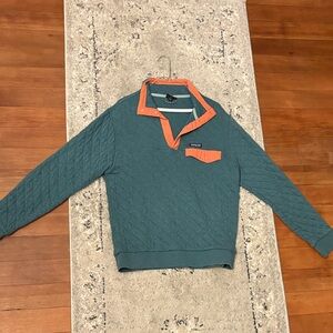 Patagonia Men's Teal Sweater with Orange Trim. Organic Cotton, Quilted Sweater